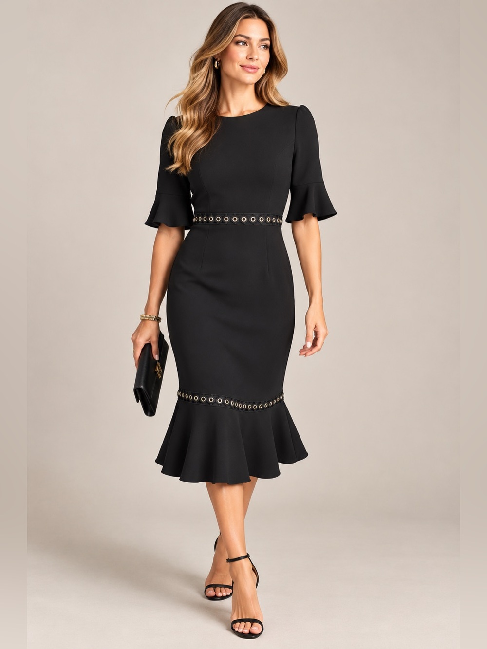 Shoshanna Black Grommet Eyelet Trim Fluted Sleeve Midi Dress Size 8